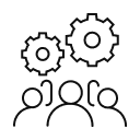 An outline of 3 characters and 2 cogs above their heads
