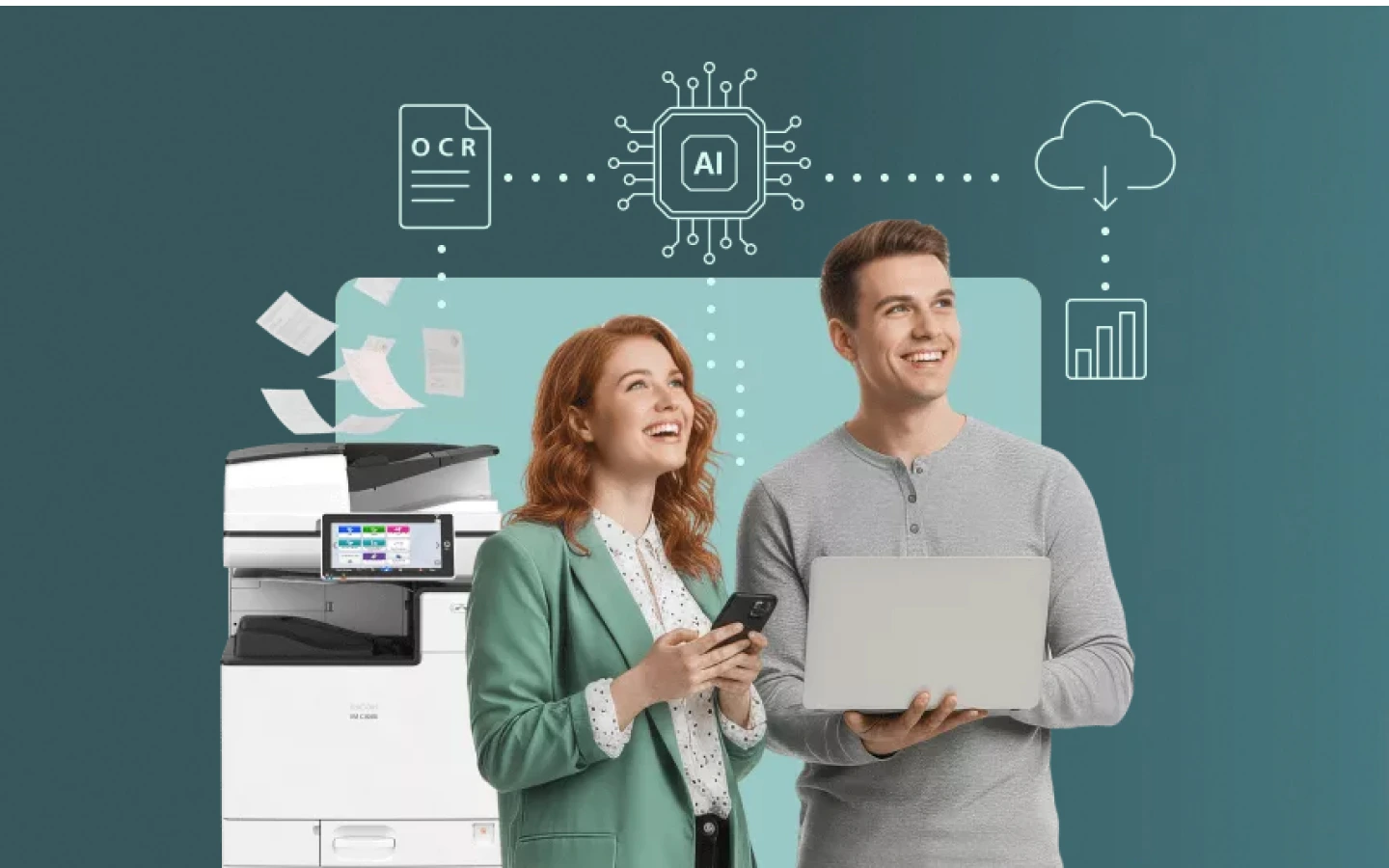 A modern office scene showcasing professionals using smart document solutions with AI‑powered OCR, cloud connectivity and automated workflows.